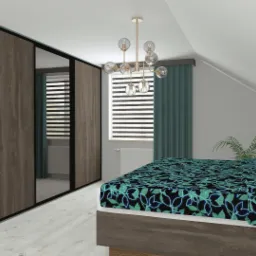 Sypialnia na poddaszu z zabudową szafy z przesuwnymi drzwiami z lustrem zadymionym grafitem, drewnopodobne płyty na szafie, okucia w czarnym kolorze, lampa sufitowa z kulistymi kloszami, ł&oacute;żko...