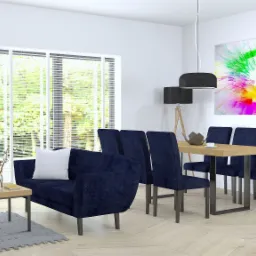 Stół oraz stolik z blatem Hikora Naturalna Egger, krzesła tkanina Artex nogo czarne loft