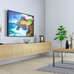 RTV podwieszana wykonana z płyty meblowej Hikora Naturalna z przejściem usłojenia w poziomie