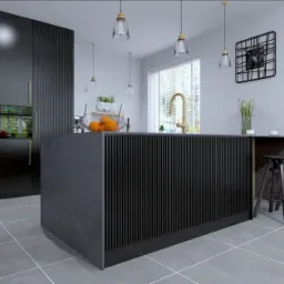 Zabudowa kuchni-fronty ryflowane w połączeniu z frontami prostymi lakierowane w czarnym macie , blat kompaktowy