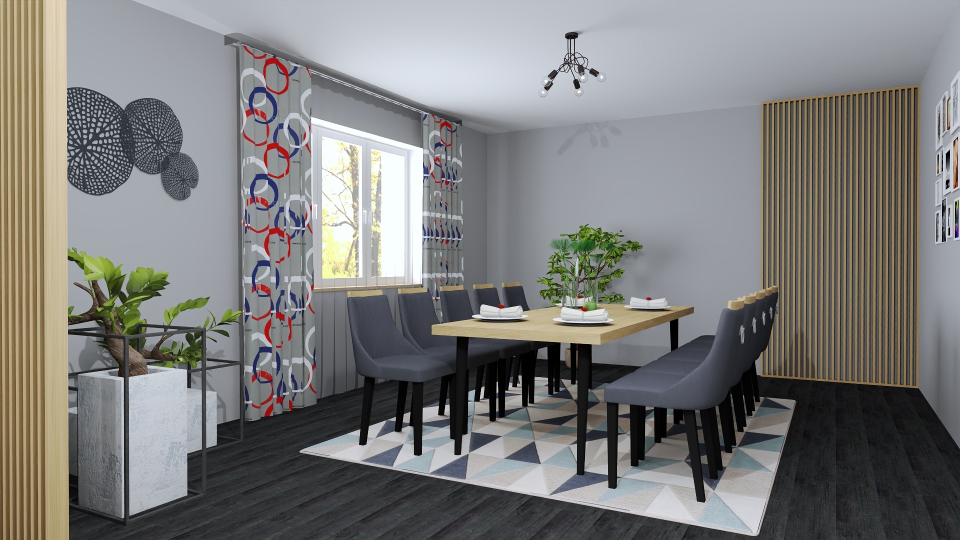Nowoczesna jadalnia z drewnianym stołem, szarymi krzesłami i geometrycznym dywanem, uzupełniona roślinami doniczkowymi i dekoracyjnymi panelami ściennymi.
