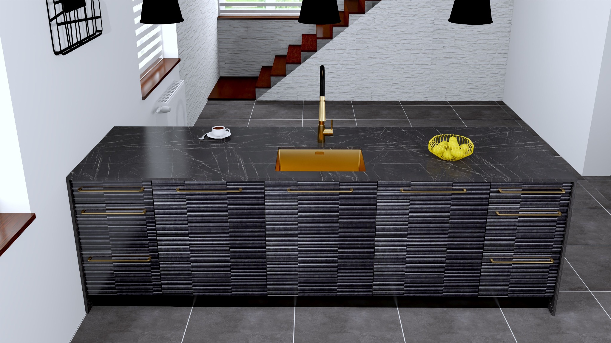Wyspa kuchenna z czarnym blatem imitującym marmur, złotym zlewem i armaturą, oraz frontami szafek z poziomym wzorem, uzupełniona filiżanką kawy i koszykiem z cytrynami.