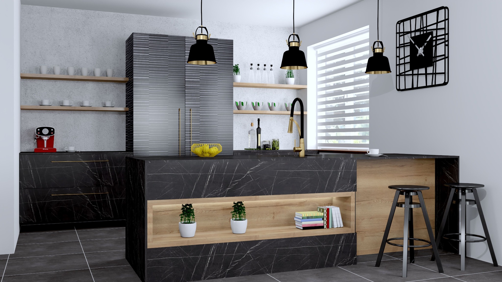 Wizualizacja nowoczesnej kuchni z czarnymi frontami z płyty z żyłami, blatem Egger F 206 Pt, wyspą z oświetleniem LED, złotą armaturą i designerskim zegarem na ścianie.