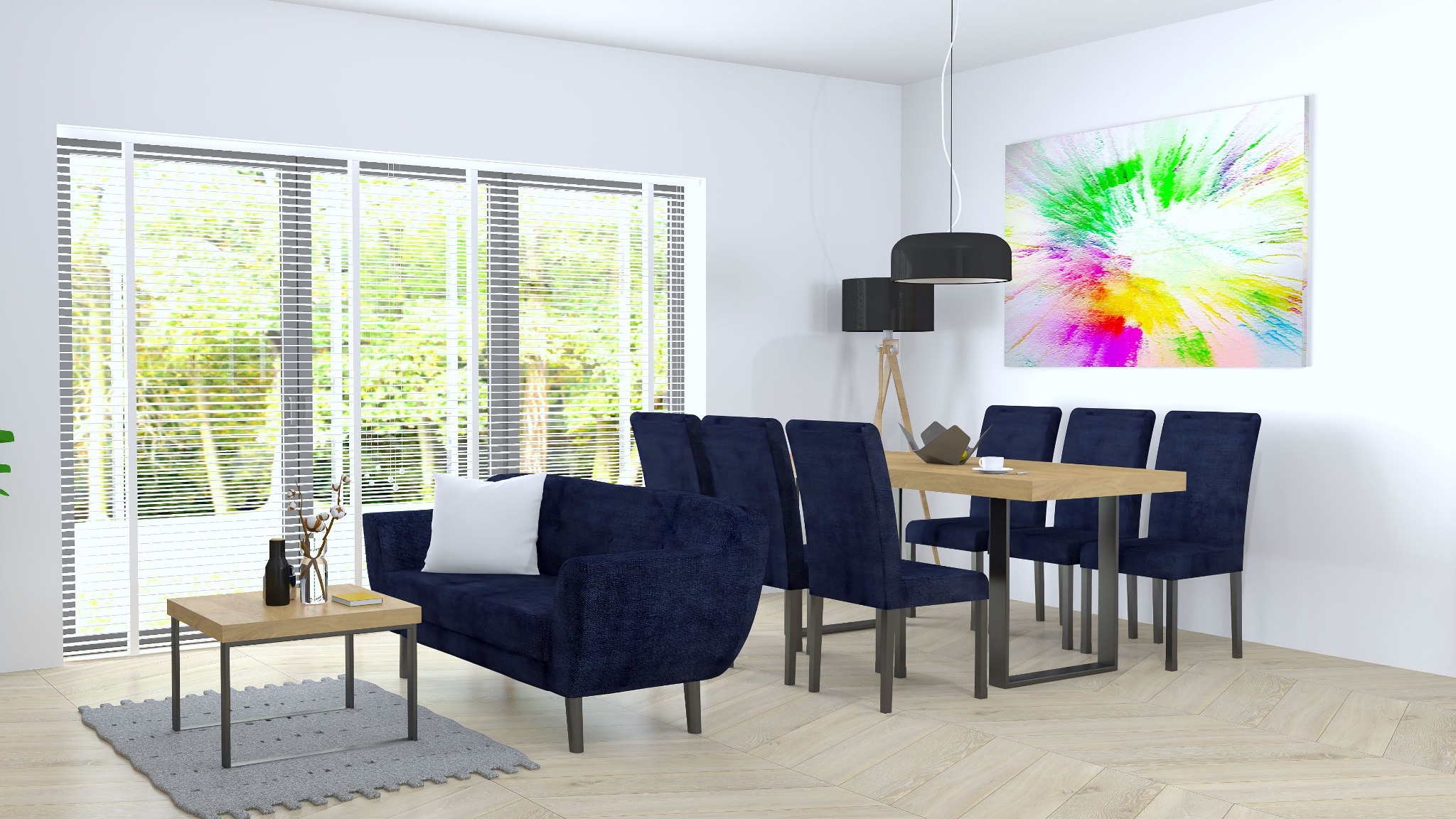 Stół oraz stolik z blatem Hikora Naturalna Egger, krzesła tkanina Artex nogo czarne loft