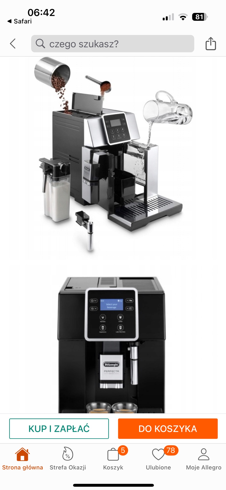 Czarno-srebrny ekspres do kawy DeLonghi Perfecta w trakcie przygotowywania kawy. Woda jest wlewana, a kawa wsypywana do pojemnika. Widok na ekran smartfona.