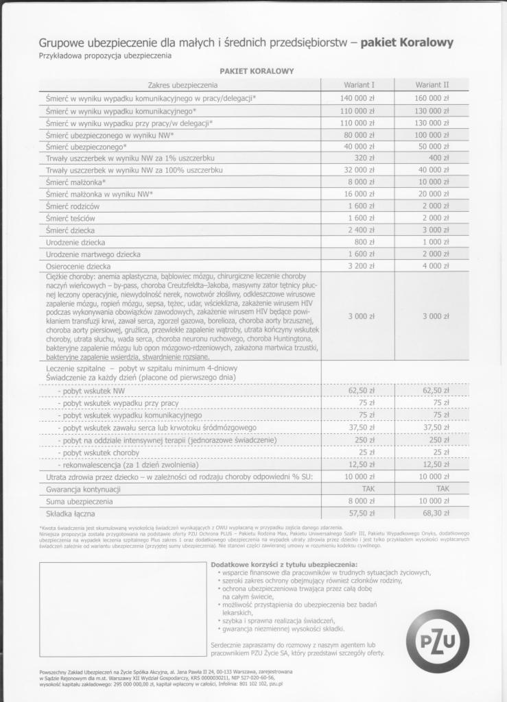 Tabela porównawcza pakietów grupowego ubezpieczenia na życie dla małych i średnich przedsiębiorstw, prezentująca zakres ubezpieczenia, warianty i kwoty świadczeń, z logo PZU w prawym dolnym rogu.