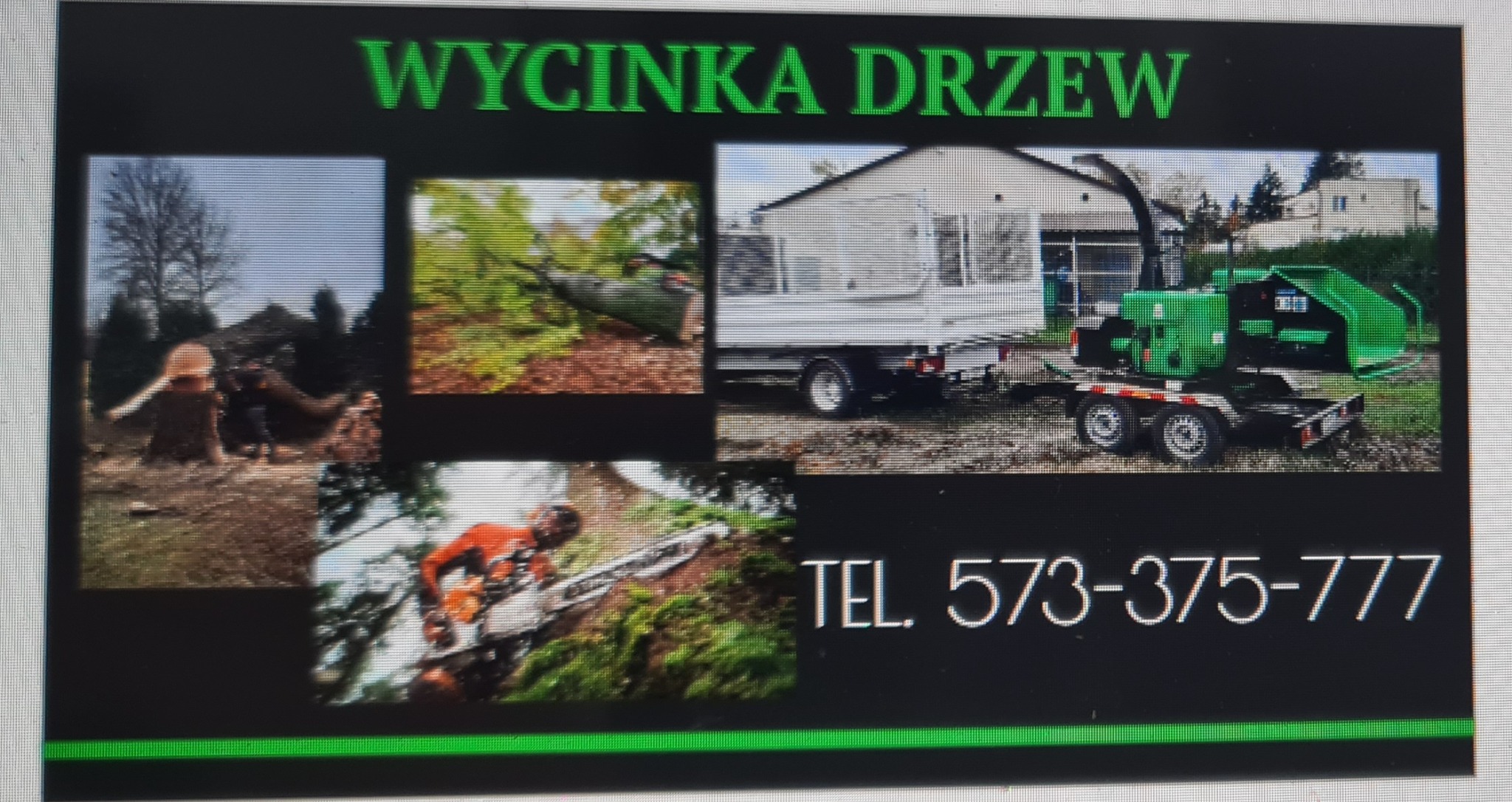 Czarno-zielona reklama firmy oferującej usługi wycinki drzew, prezentująca sprzęt i etapy pracy.