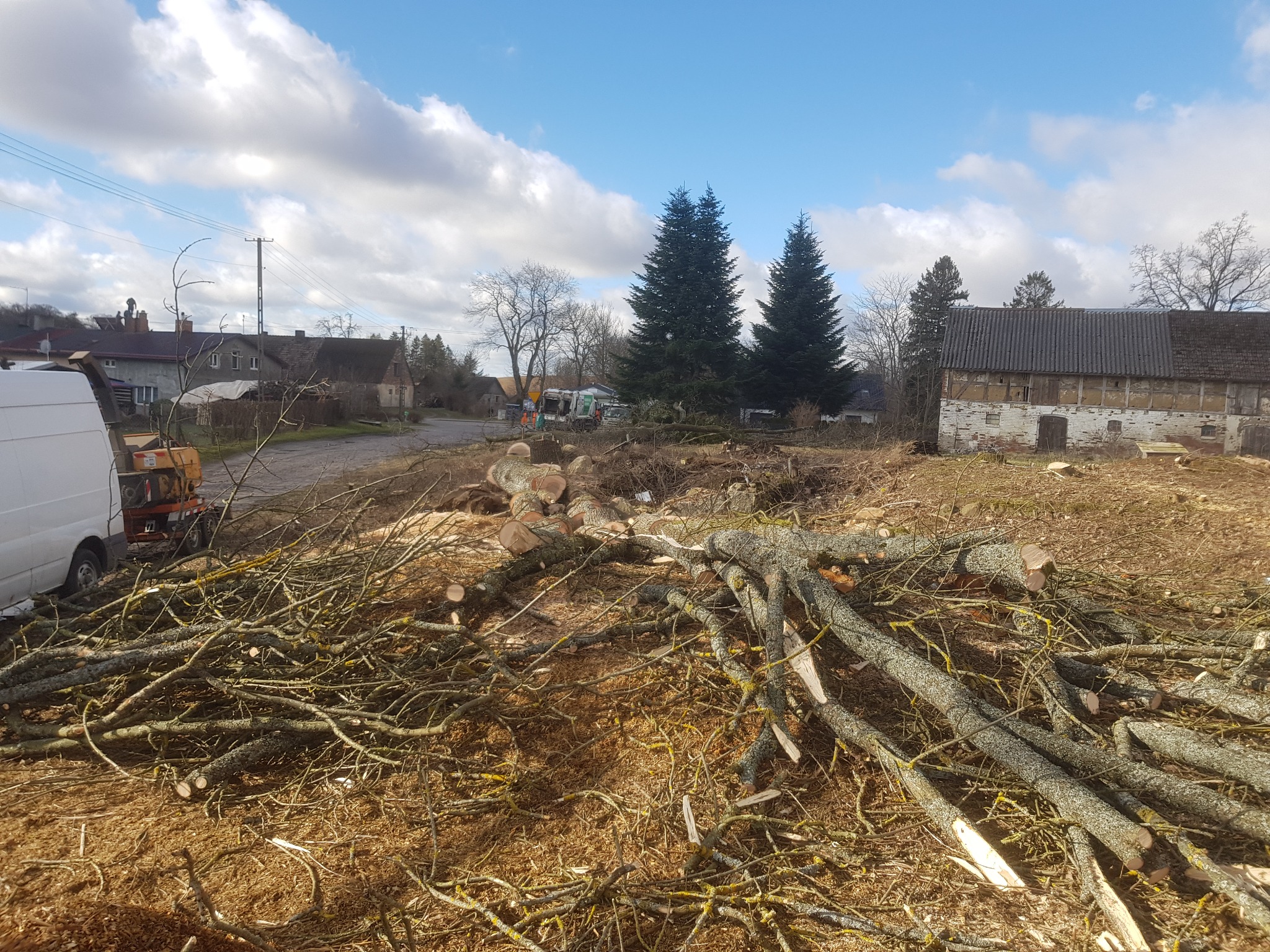 Świeżo pocięte gałęzie i pnie drzew leżące na ziemi po wycince, z widocznym samochodem dostawczym i sprzętem do cięcia w tle, budynki mieszkalne i drzewa w oddali.
