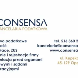 Wizytówka Kancelarii Podatkowej Consensa z Opola, oferującej doradztwo podatkowe, księgowość, obsługę kadr i płac, rejestrację firm oraz reprezentację przed organami podatkowymi.