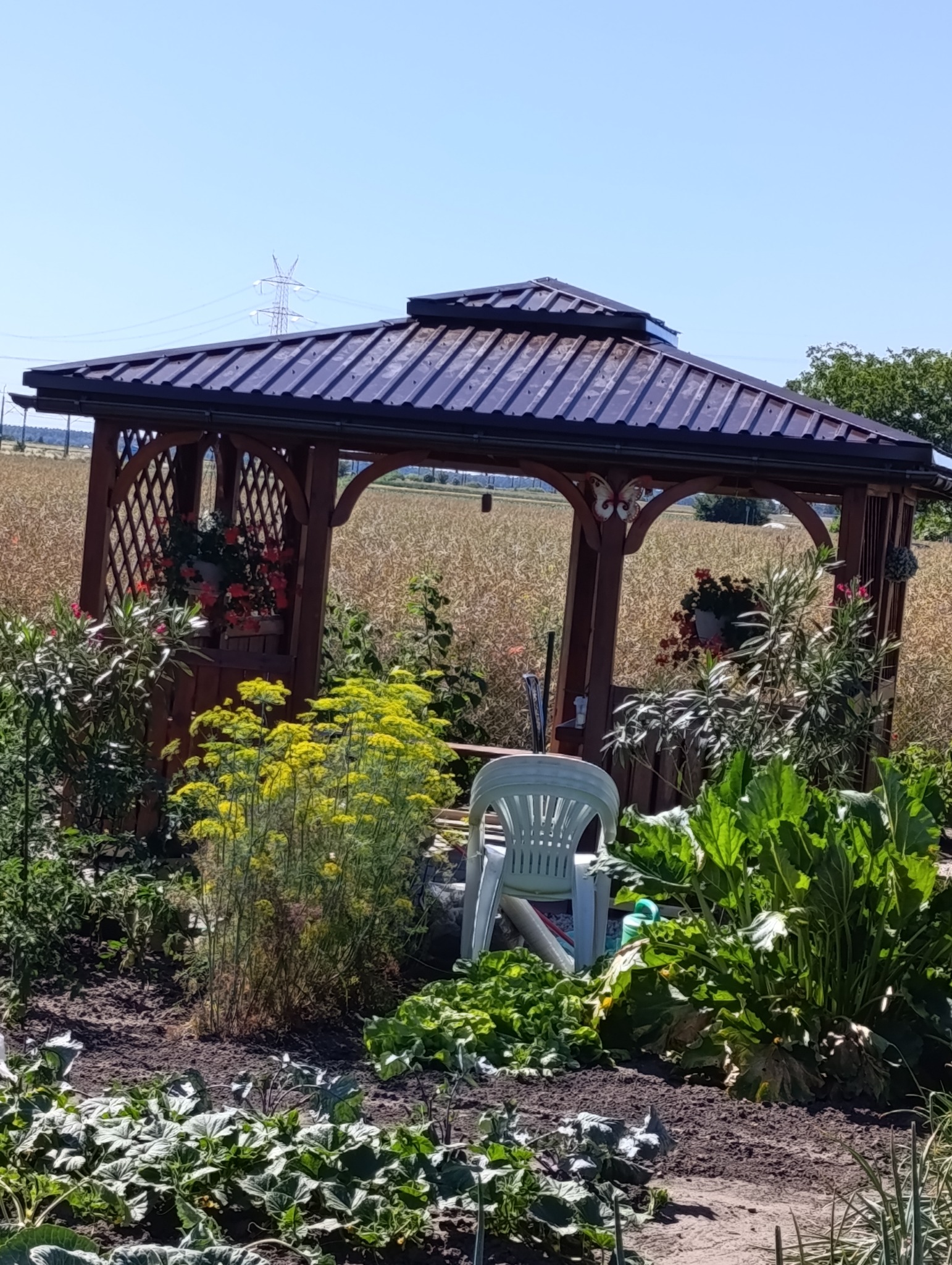 Drewniana altana z metalowym dachem, otoczona zielenią ogrodu, w tle pole i słupy wysokiego napięcia. Widoczne kwiaty w donicach i białe krzesło.