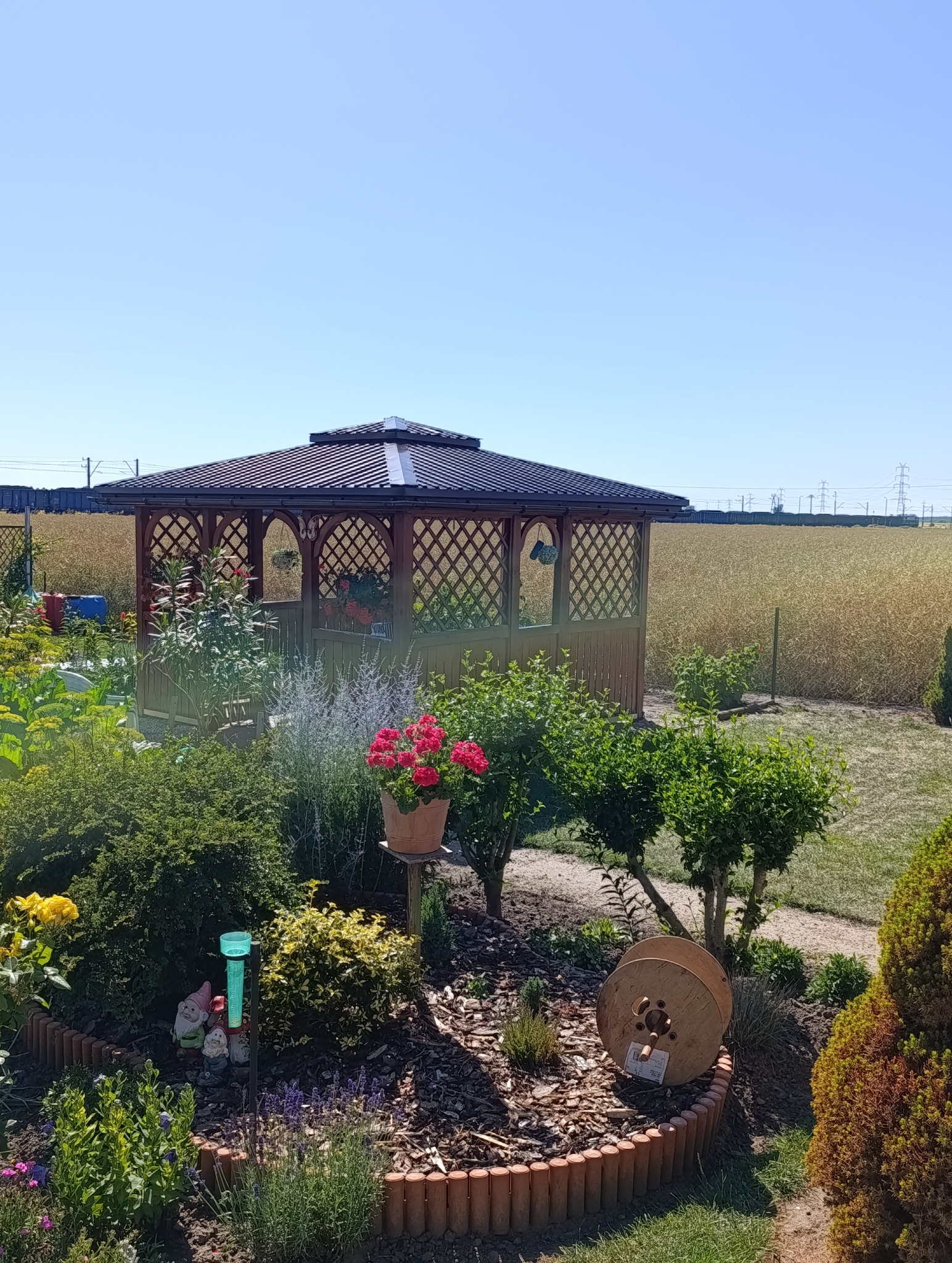 Drewniana altana z kratownicą w ogrodzie, otoczona rabatami kwiatowymi i zielenią. W tle pole i błękitne niebo. Słoneczny dzień.