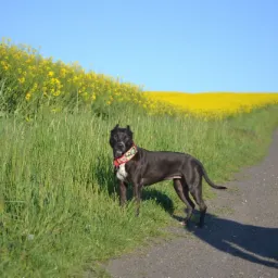 Czarny pies rasy pit bull z kolorową obrożą stoi na polnej drodze, w tle łąka z kwitnącym rzepakiem pod błękitnym niebem.