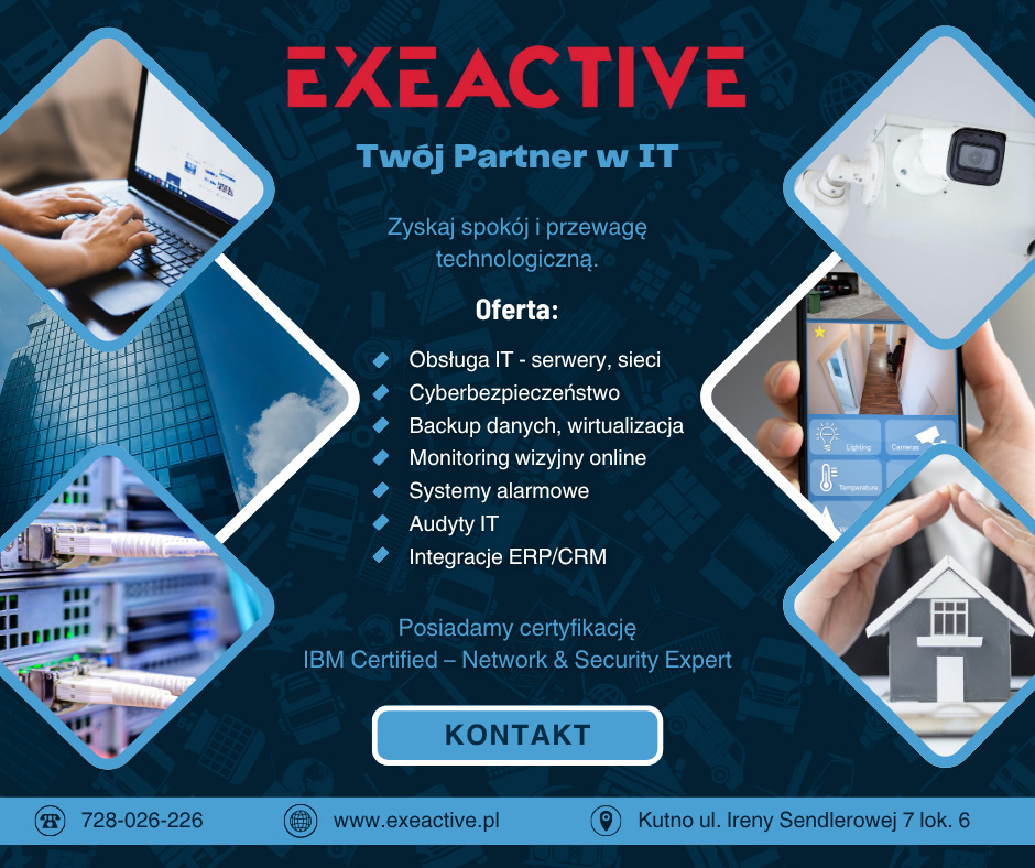 Baner reklamowy firmy IT: obsługa serwerów, cyberbezpieczeństwo, monitoring wizyjny online, systemy alarmowe, integracja ERP/CRM. Laptop, serwery, kamera monitoringu.