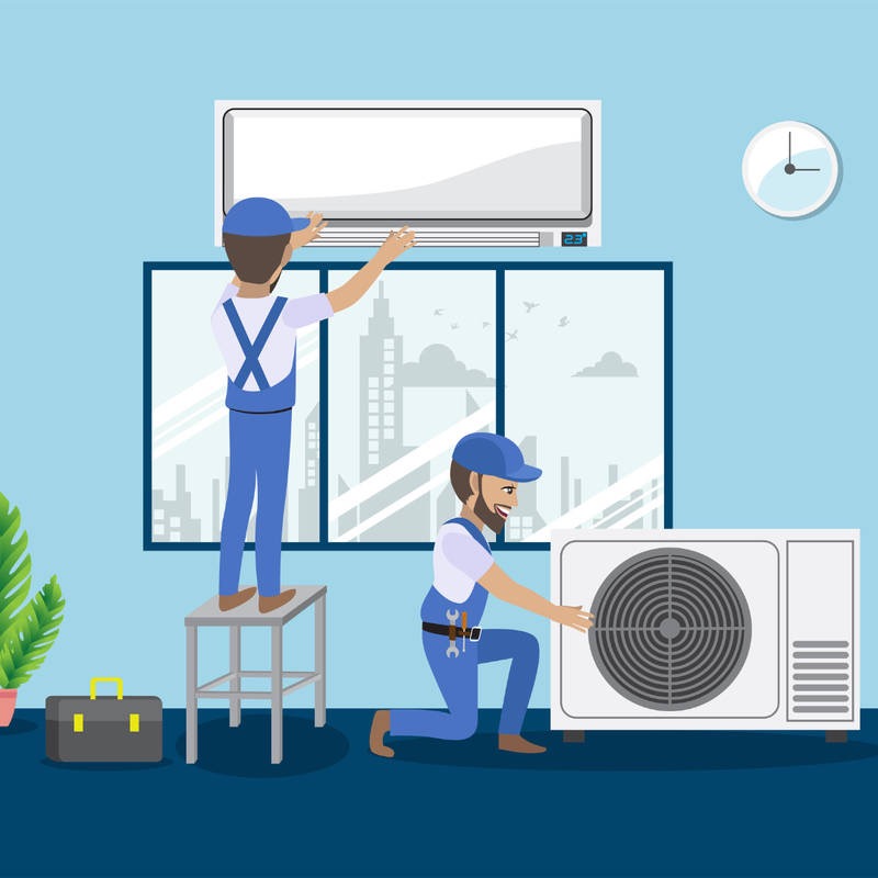 Ilustracja przedstawiająca dwóch monterów w kombinezonach instalujących jednostkę wewnętrzną i zewnętrzną systemu chłodzenia w pomieszczeniu z widokiem na miasto, jeden stoi na stołku, drugi klęczy...