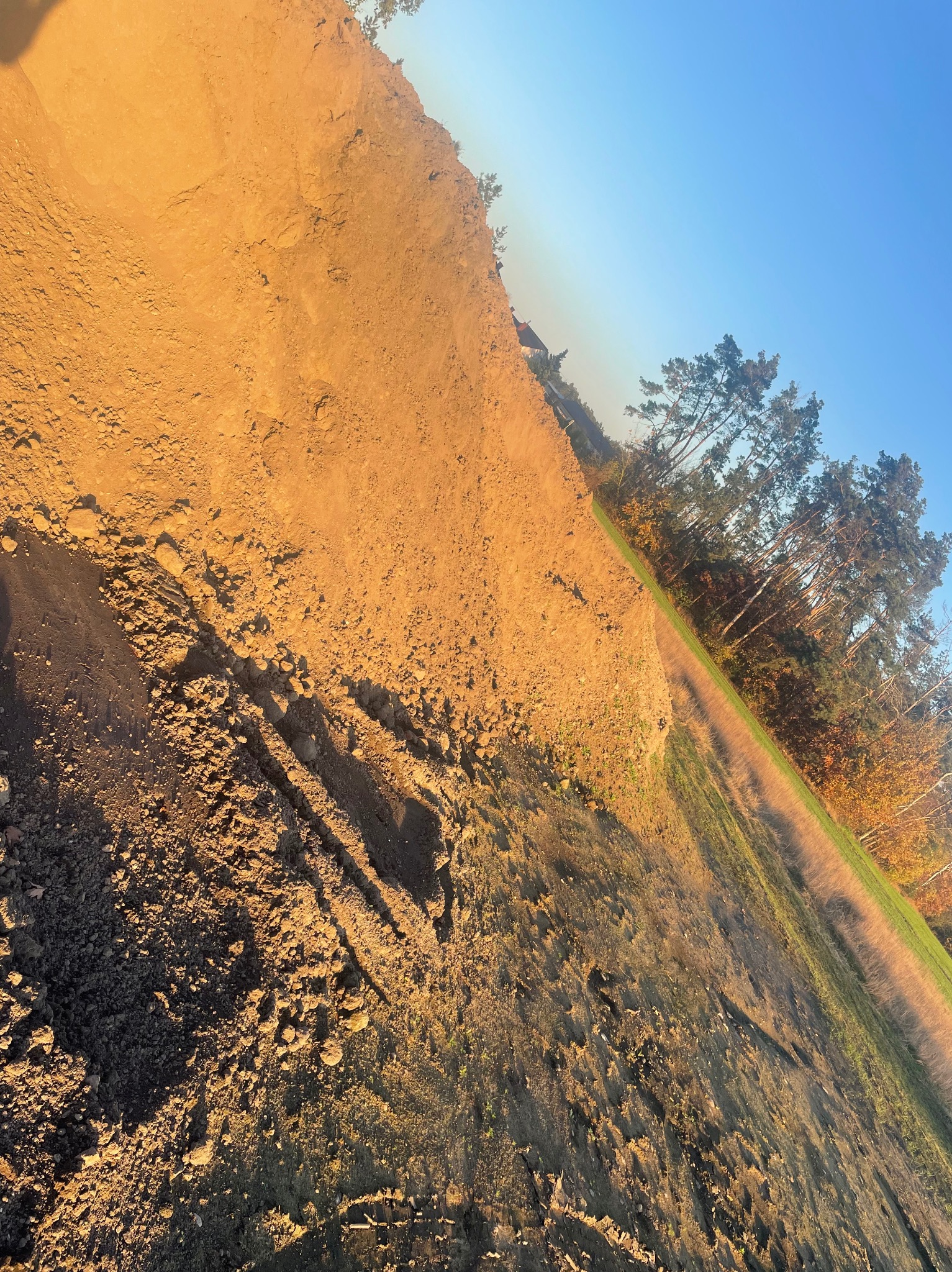 Usypana skarpa z ziemi pod kątem, w tle drzewa iglaste i liściaste, błękitne niebo.