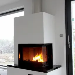 Nowoczesny kominek narożny z paleniskiem i miejscem na drewno, obudowany białą konstrukcją z czarnymi akcentami, widoczne płomienie i stalowy komin