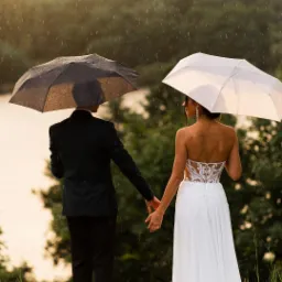 Para młoda trzymająca się za ręce pod parasolami w deszczu, widok z tyłu, suknia z koronkowymi plecami, jezioro w tle, logo fotografa w g&oacute;rnym rogu.