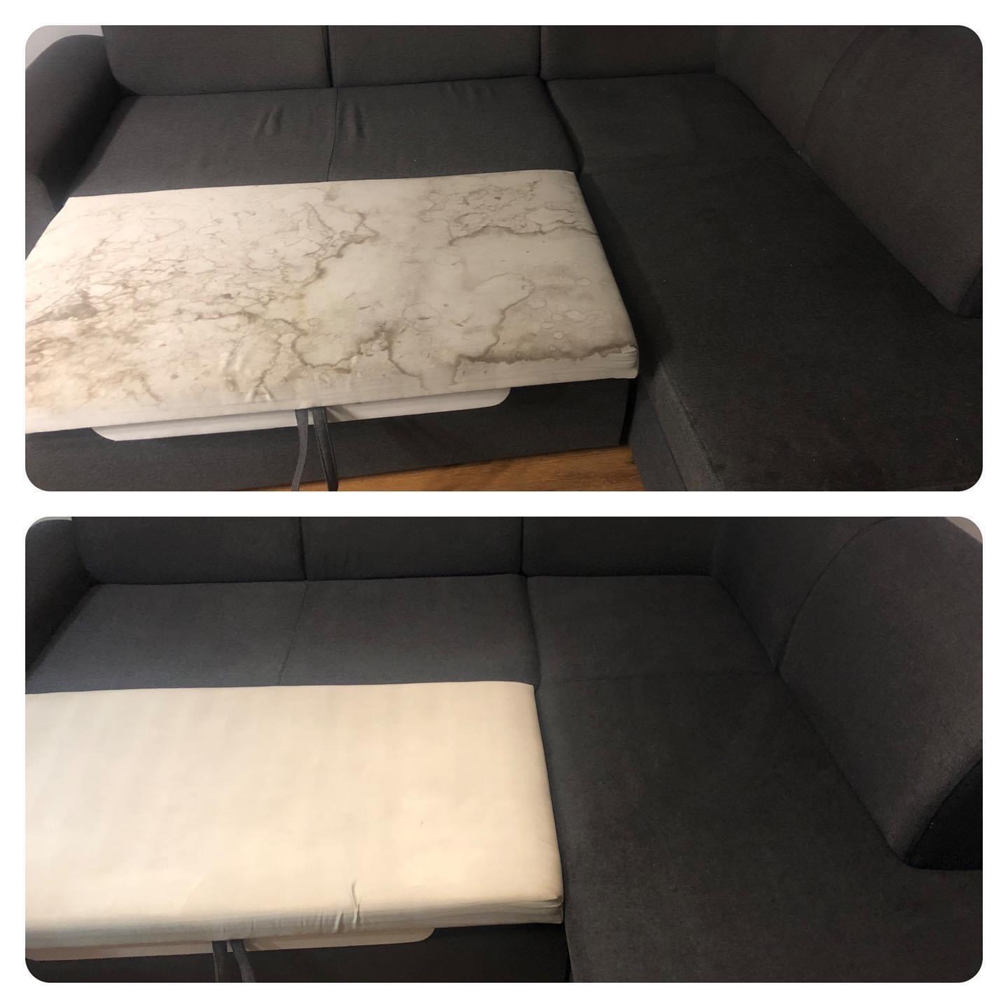 Szara narożna sofa z wysuwanym siedziskiem: widok przed i po czyszczeniu, ukazujący znaczną różnicę w wyglądzie materiału.