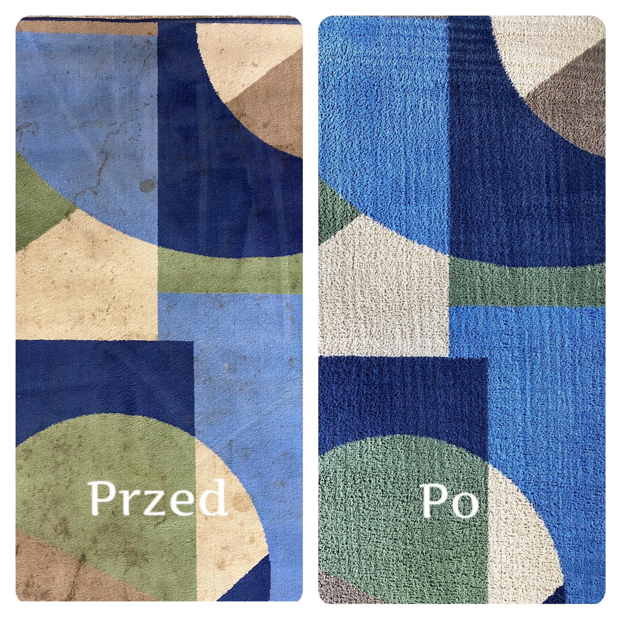 Dywan z geometrycznym wzorem, podzielony na dwie części: lewa strona z widocznymi plamami i zabrudzeniami, oznaczona napisem 'Przed', prawa strona czysta i odświeżona, oznaczona napisem 'Po'.