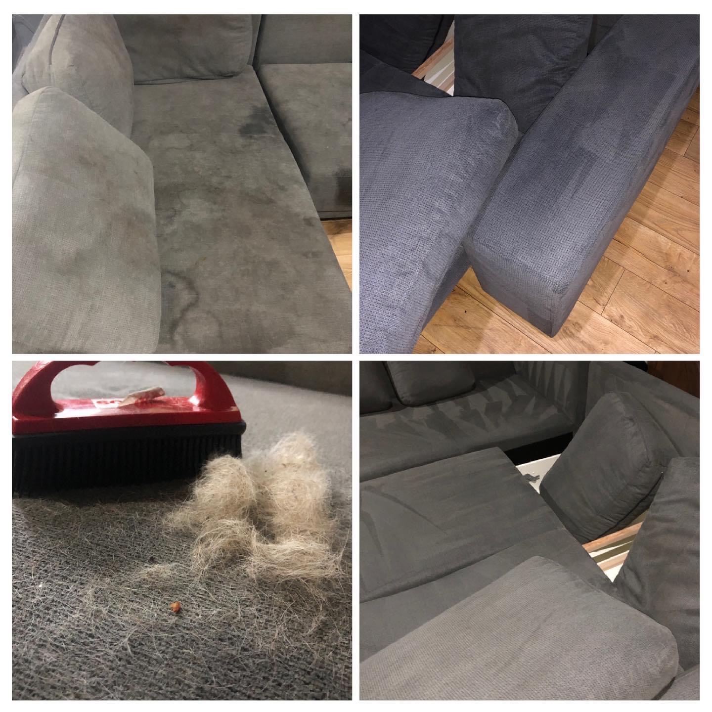 Czteropanelowe zdjęcie przedstawiające pranie szarej sofy: przed czyszczeniem z widocznymi plamami, po czyszczeniu z wyraźnymi śladami po ekstrakcji, szczotka z zebranymi włosami i pozostałościami,...
