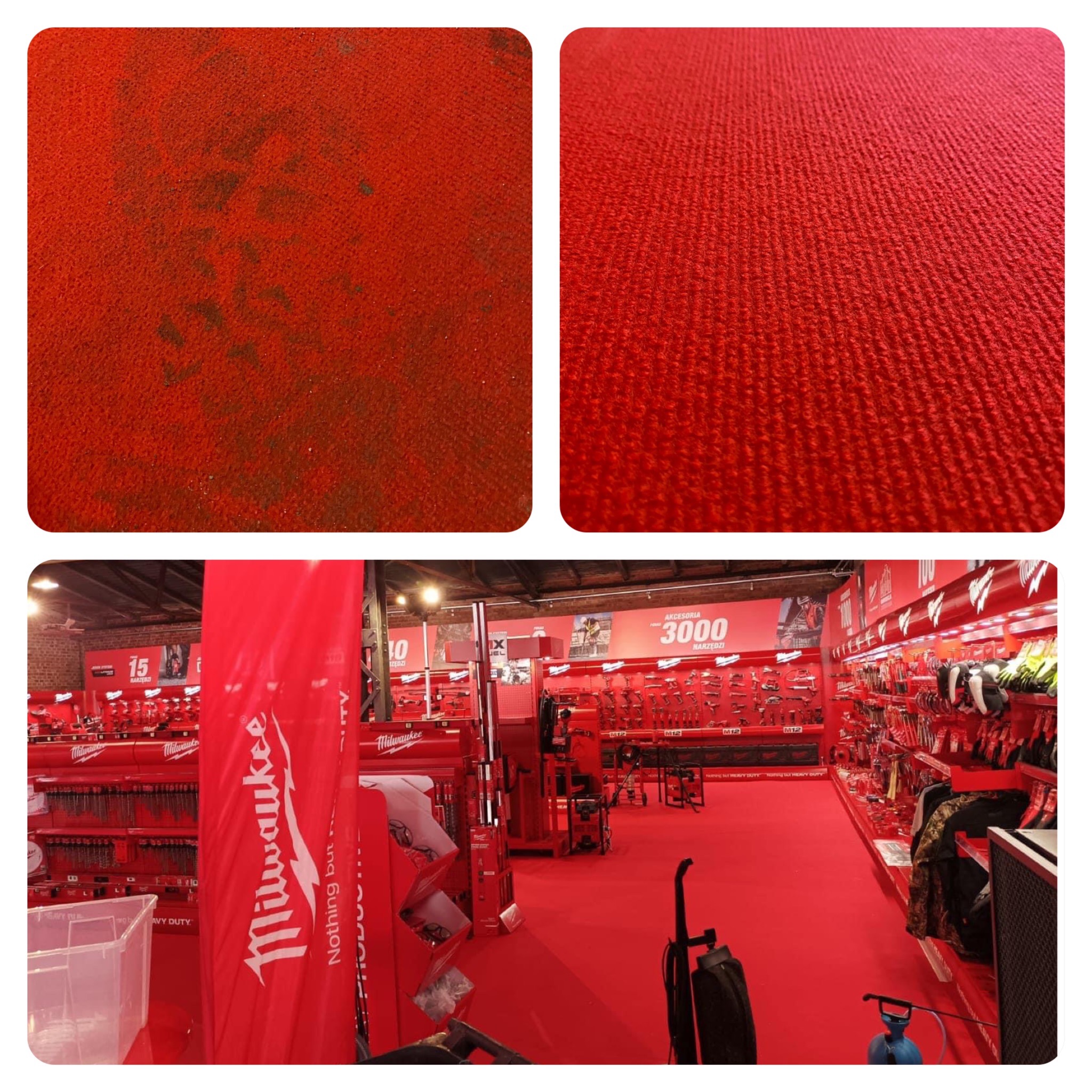 Czerwona wykładzina dywanowa w sklepie z narzędziami, widoczne ślady użytkowania na fragmencie dywanu, w tle regały z narzędziami Milwaukee.