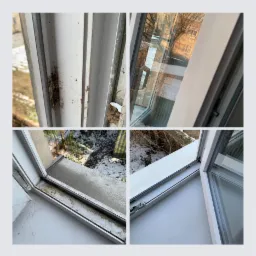 Kolaż przedstawiający okno przed i po czyszczeniu w Warszawie, z widocznymi zabrudzeniami w narożnikach i na ramach okiennych.