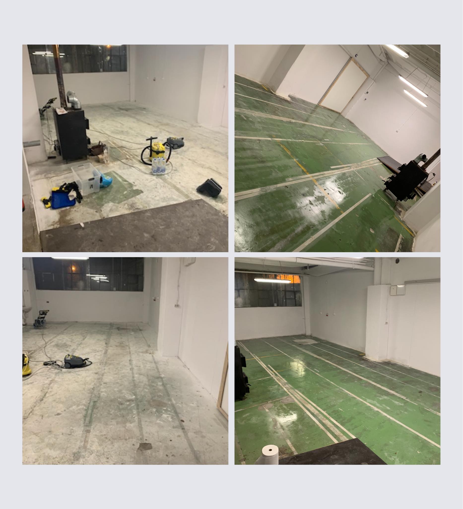 Cztery ujęcia wnętrza w trakcie czyszczenia posadzki: widoczne maszyny czyszczące, pozostałości zabrudzeń i czysta, zielona podłoga z białymi pasami.