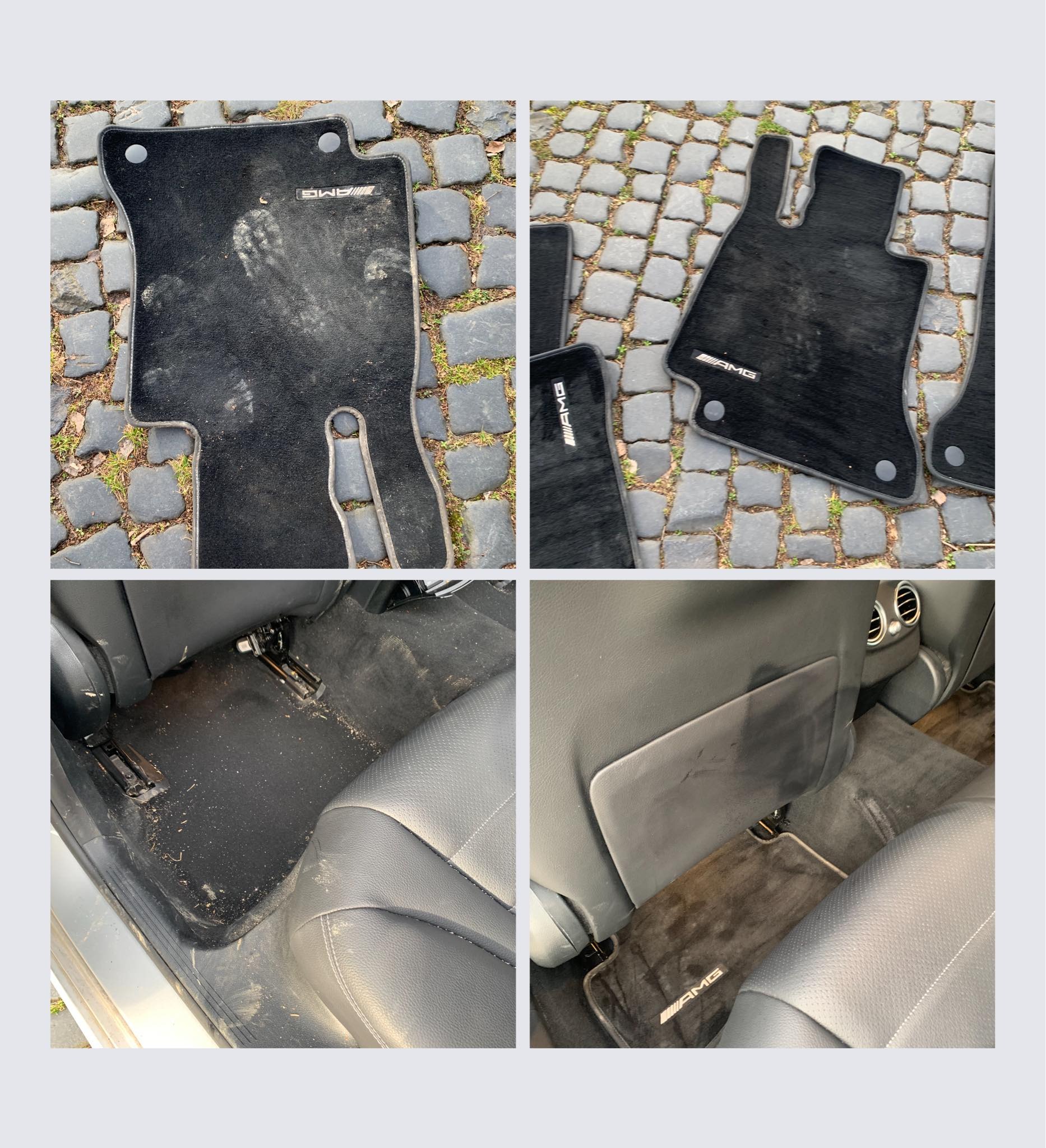 Cztery ujęcia: brudne dywaniki samochodowe AMG na brukowanej powierzchni oraz zabrudzone wnętrze samochodu przed czyszczeniem.