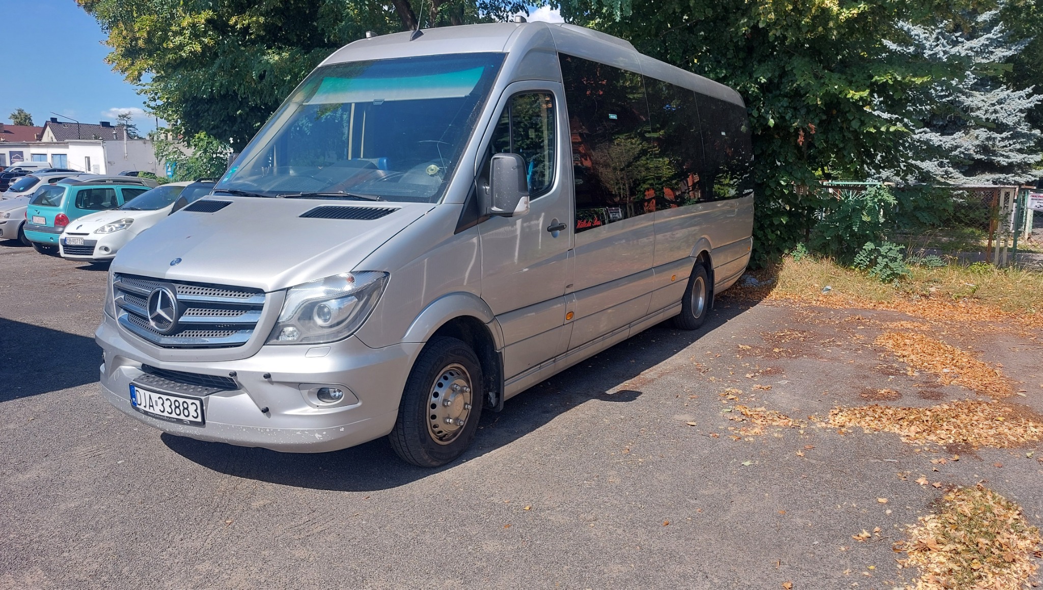 Srebrny bus Mercedes-Benz Sprinter z przyciemnianymi szybami, zaparkowany na parkingu z jesiennymi liśćmi, widok z przodu i boku, tablica rejestracyjna DJA 33883.