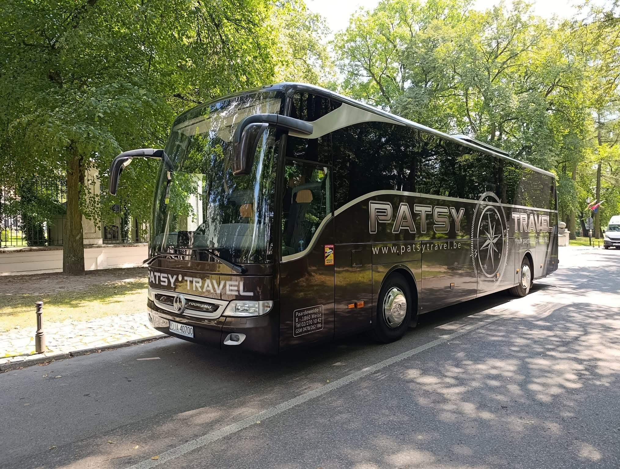 Brązowy autokar Patsy Travel parkuje na ulicy, otoczony zielenią drzew. Widoczny numer rejestracyjny pojazdu i adres strony internetowej firmy.