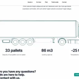 Grafika wektorowa przedstawiająca schematycznie narysowaną ciężarówkę z naczepą, z informacjami o pojemności: 33 palety, 86 m3, zakres temperatur -25 do +25 stopni Celsjusza, na stronie...