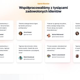 VARSABAU PROSTA SPÓŁKA AKCYJNA - Zbiór ośmiu opinii klientów z imionami, nazwiskami i zdjęciami profilowymi, dotyczących agencji nieruchomości, z nagłówkiem 'Opinie Klientów' i tytułem 'Współpracowaliśmy z tysiącami zadowolonych...