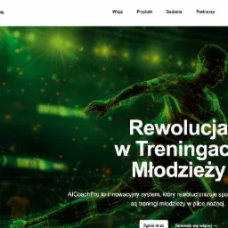 Strona internetowa z grafiką przedstawiającą piłkarza w formie sieci neuronowej na zielonym tle, hasło 'Rewolucja w Treningach Młodzieży' i logo AiCoachPro.