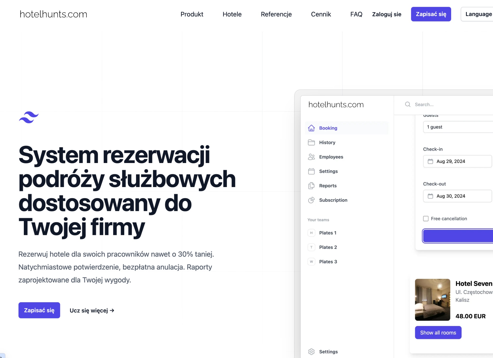 Strona internetowa systemu rezerwacji podróży służbowych, z formularzem wyszukiwania hoteli i informacjami o rezerwacji dla firm.