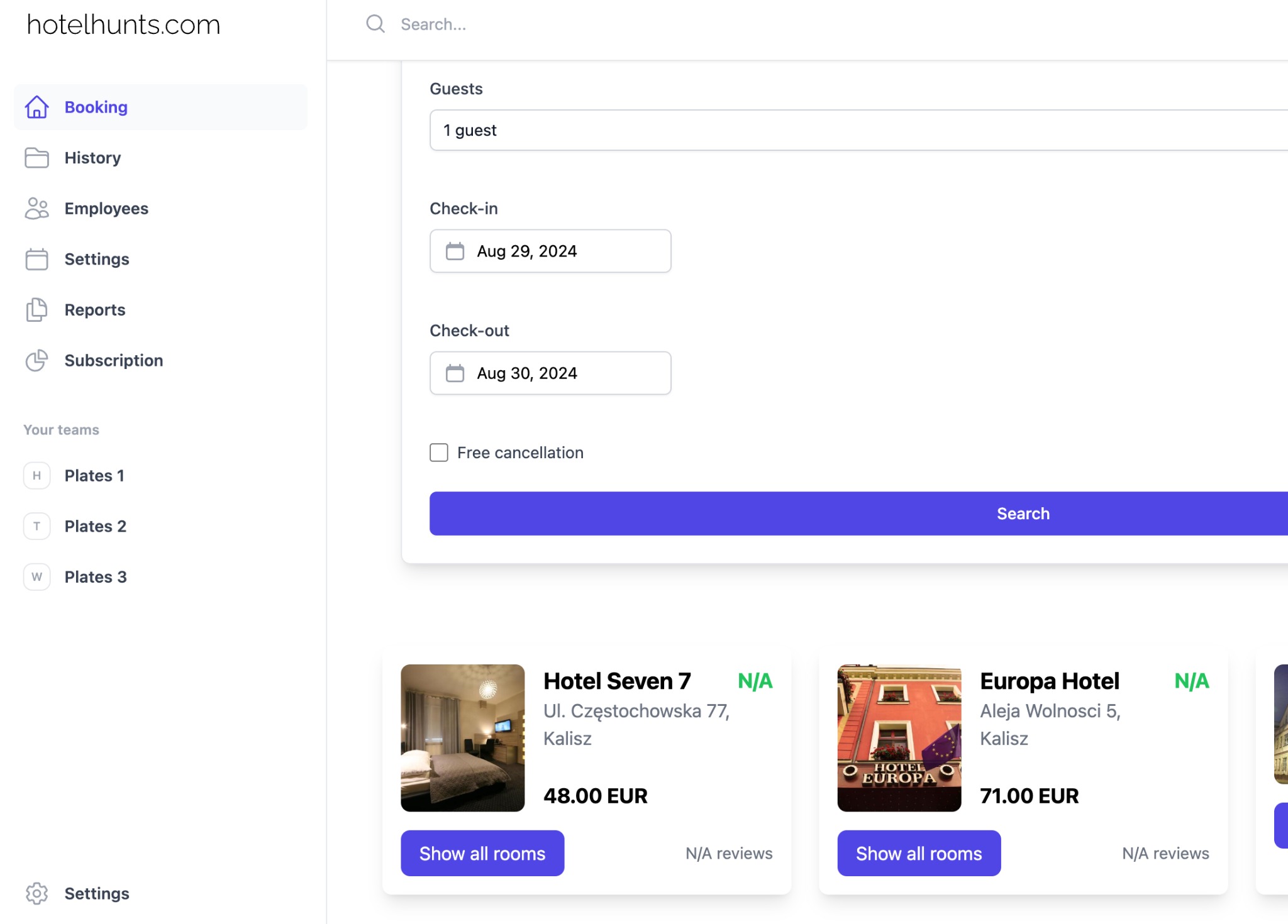 Interfejs rezerwacji hotelowej online z widocznymi opcjami wyboru daty zameldowania i wymeldowania, liczby gości oraz listą hoteli w Kaliszu z cenami i zdjęciami pokoi.
