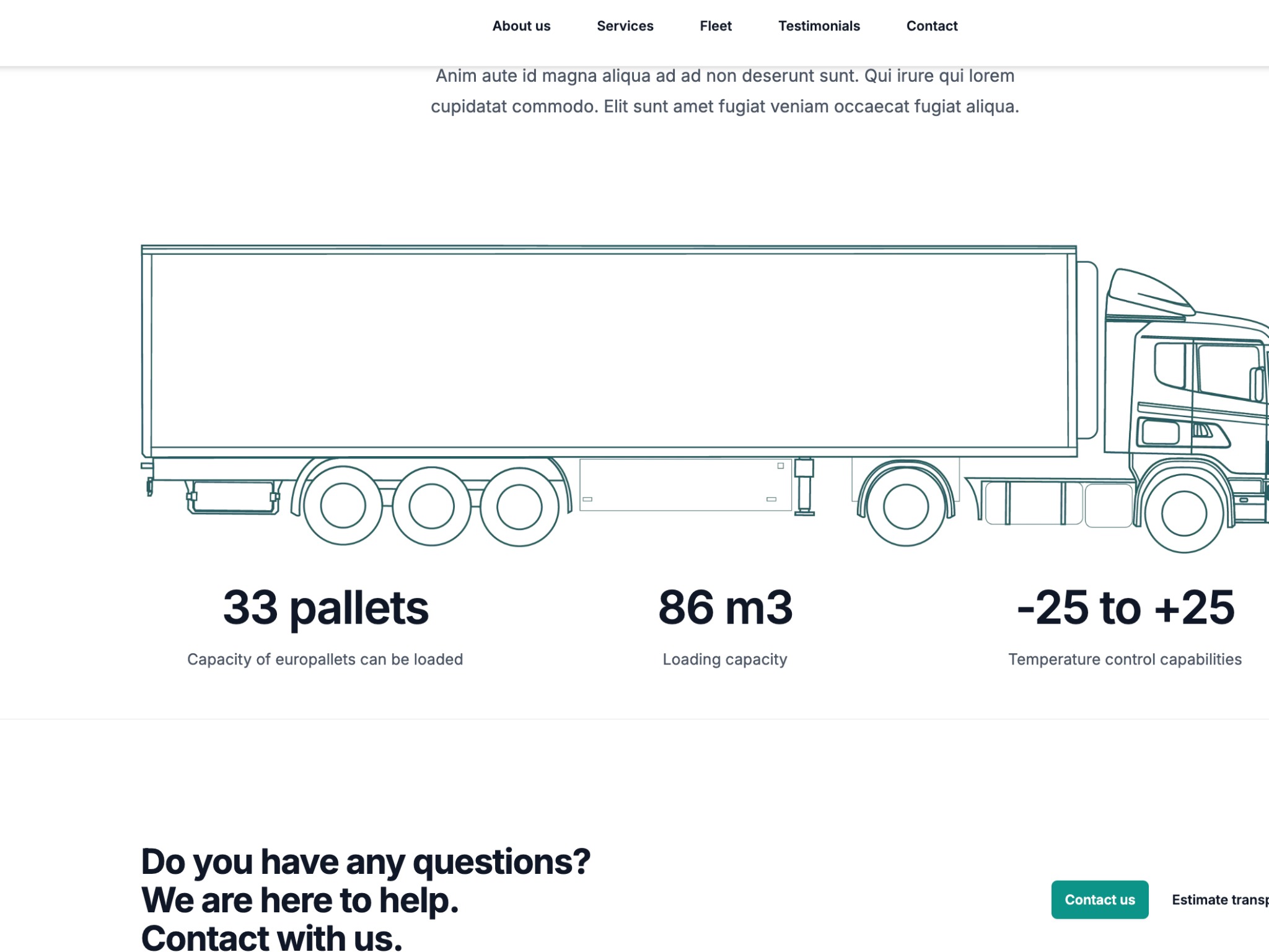 Grafika wektorowa przedstawiająca schematycznie narysowaną ciężarówkę z naczepą, z informacjami o pojemności: 33 palety, 86 m3, zakres temperatur -25 do +25 stopni Celsjusza, na stronie...