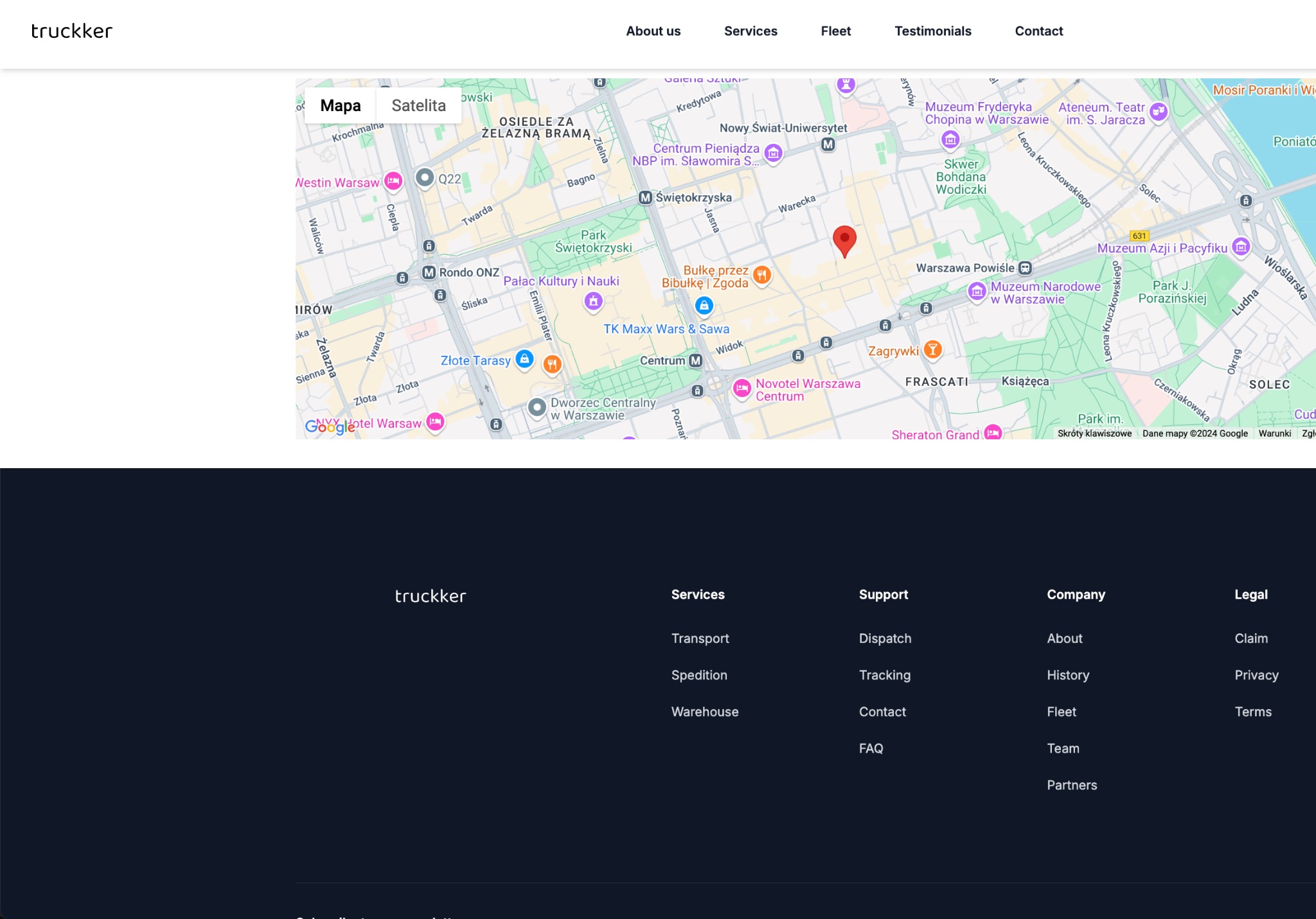 Mapa Warszawy z zaznaczonymi punktami, widok z góry, interfejs aplikacji z logo firmy 'truckker' i nawigacją po stronie.