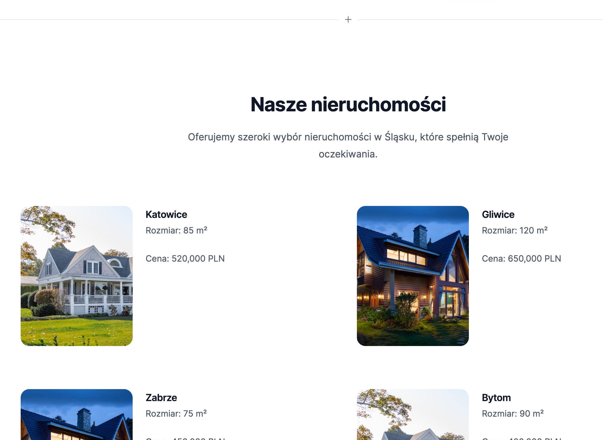Strona internetowa z ofertami nieruchomości w Śląsku, prezentująca domy w Katowicach i Gliwicach wraz z informacjami o powierzchni i cenie.