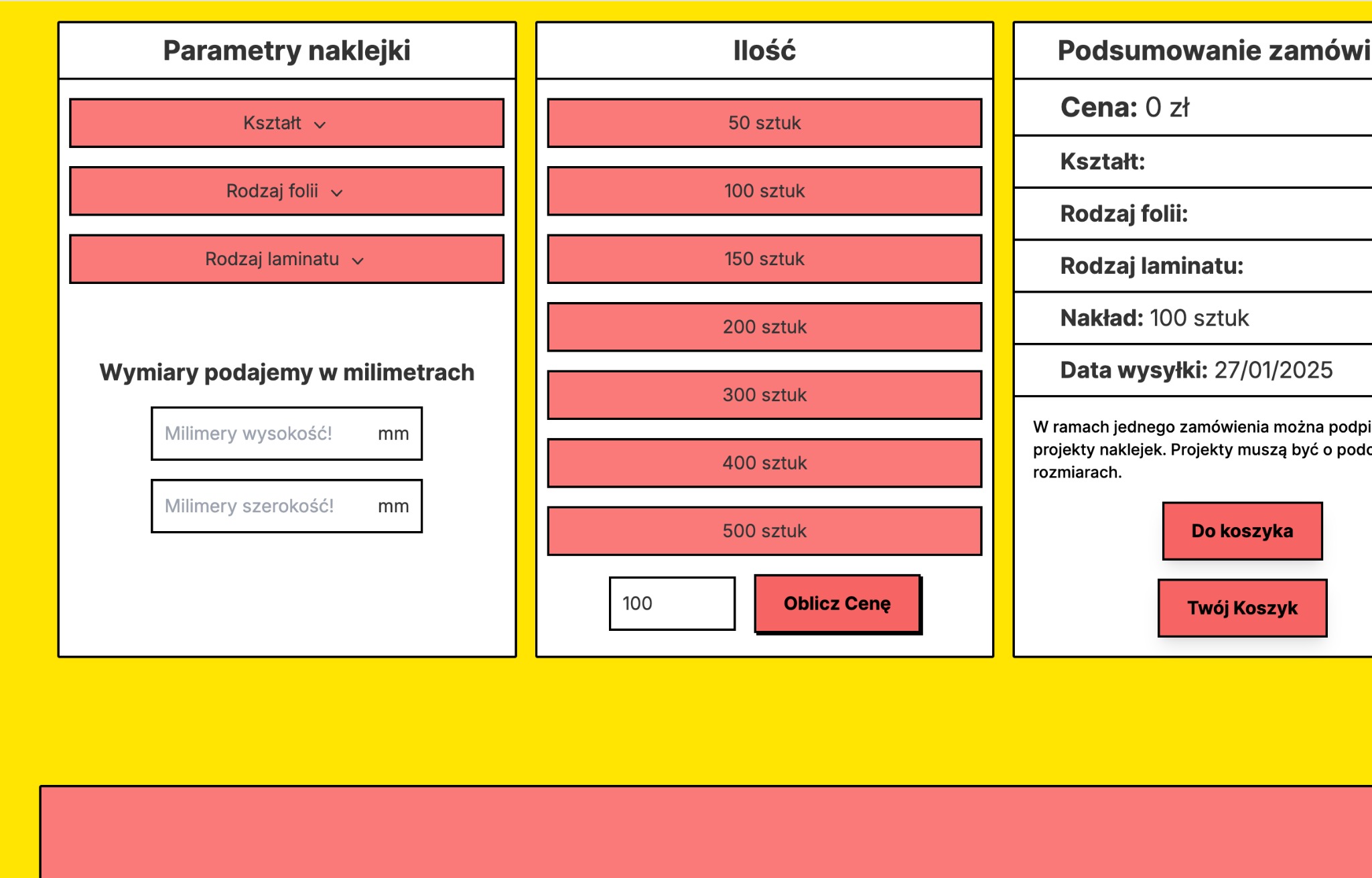 Konfigurator online do zamówienia naklejek: wybór kształtu, rodzaju folii i laminatu, określanie wymiarów w milimetrach i nakładu, podsumowanie zamówienia z datą wysyłki.