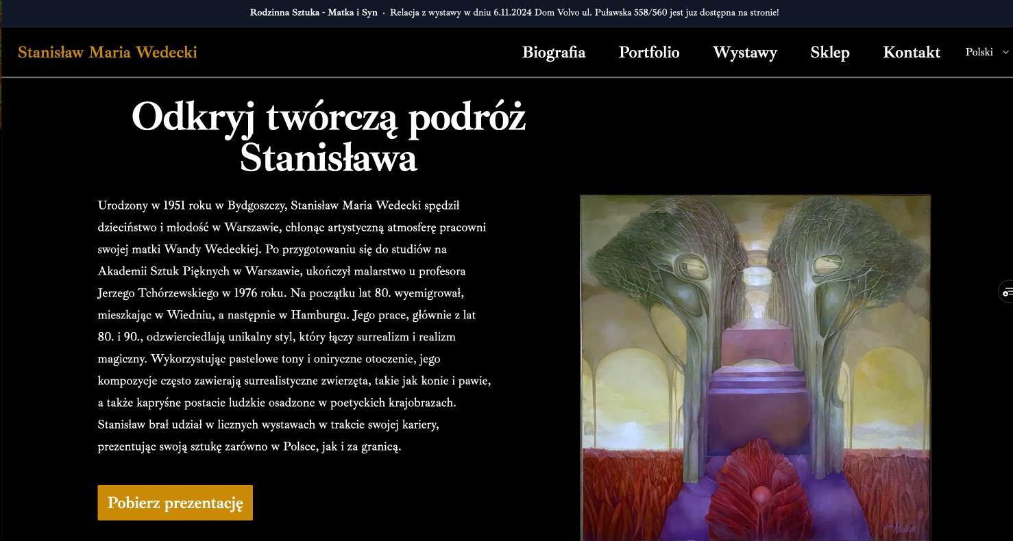 Strona internetowa artysty Stanisława Marii Wedeckiego prezentująca surrealistyczny obraz z pastelowymi tonami i onirycznym otoczeniem, łączący realizm magiczny.