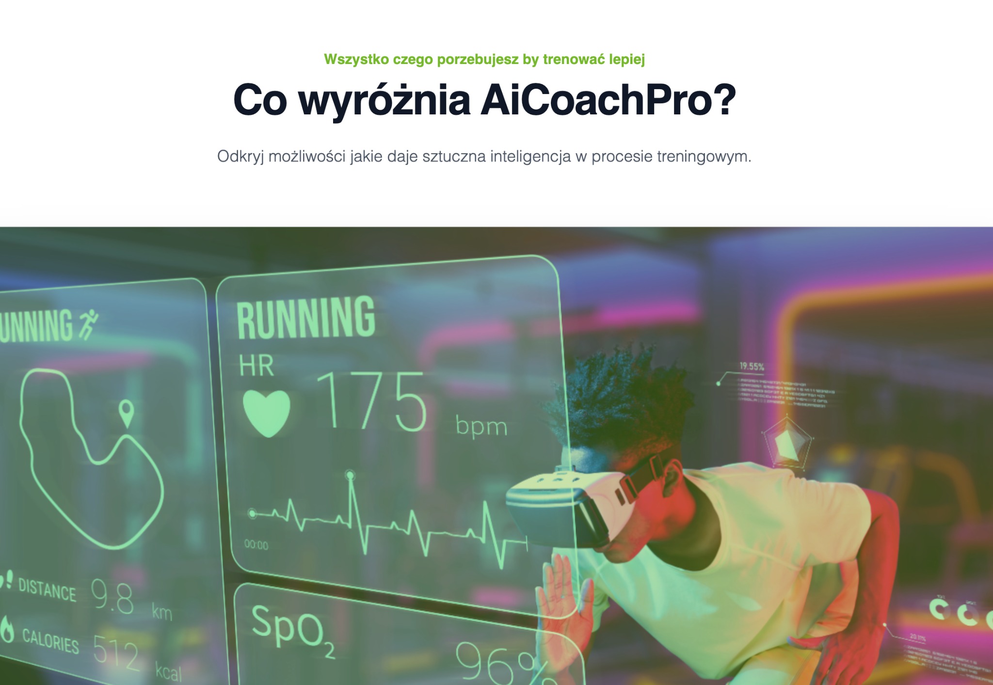 Mężczyzna w okularach VR trenuje, interfejs z danymi biegu: tętno 175 bpm, dystans 9.8 km, kalorie 512 kcal, SpO2 96%, trasa biegu i wykres tętna.