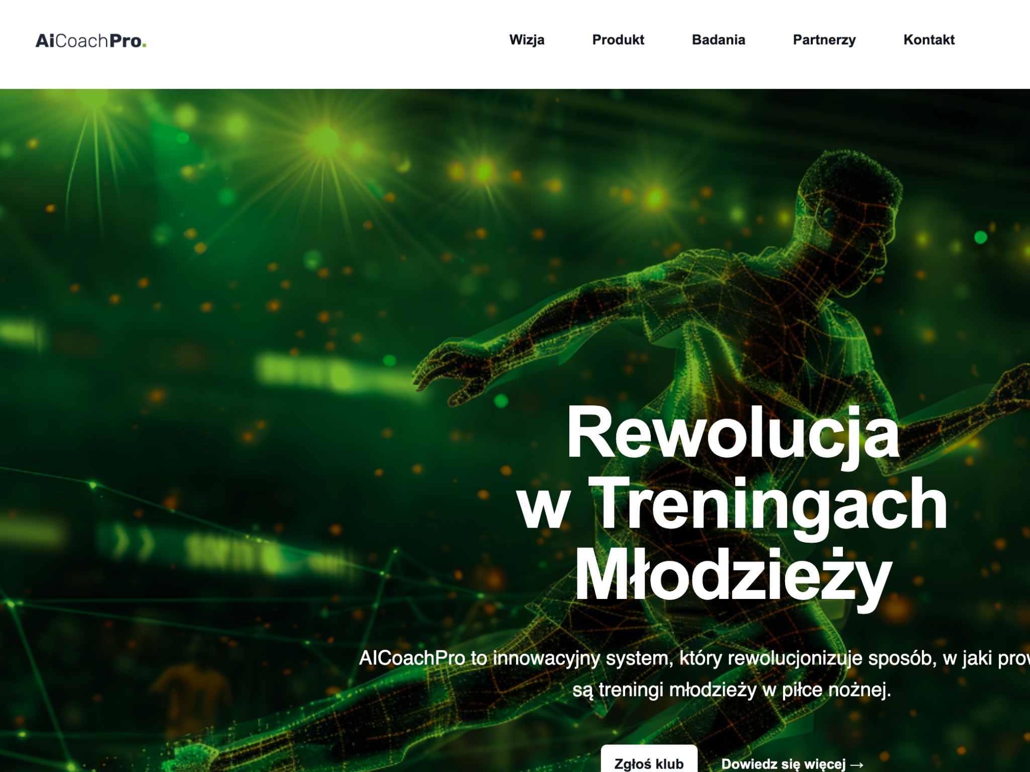 Strona internetowa z grafiką przedstawiającą piłkarza w formie sieci neuronowej na zielonym tle, hasło 'Rewolucja w Treningach Młodzieży' i logo AiCoachPro.