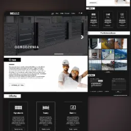 Strona internetowa firmy z branży ogrodzeń, prezentująca galerię zdjęć ogrodzeń, bram i kominków, z sekcją 'O nas' zawierającą zdjęcie uśmiechniętej pary w strojach roboczych i kaskach.