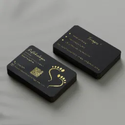 Dwa stosy czarnych wizytówek z złoconym tekstem i grafiką stóp, prezentujące usługi refleksologii stóp i twarzy oraz dane kontaktowe refleksologa.