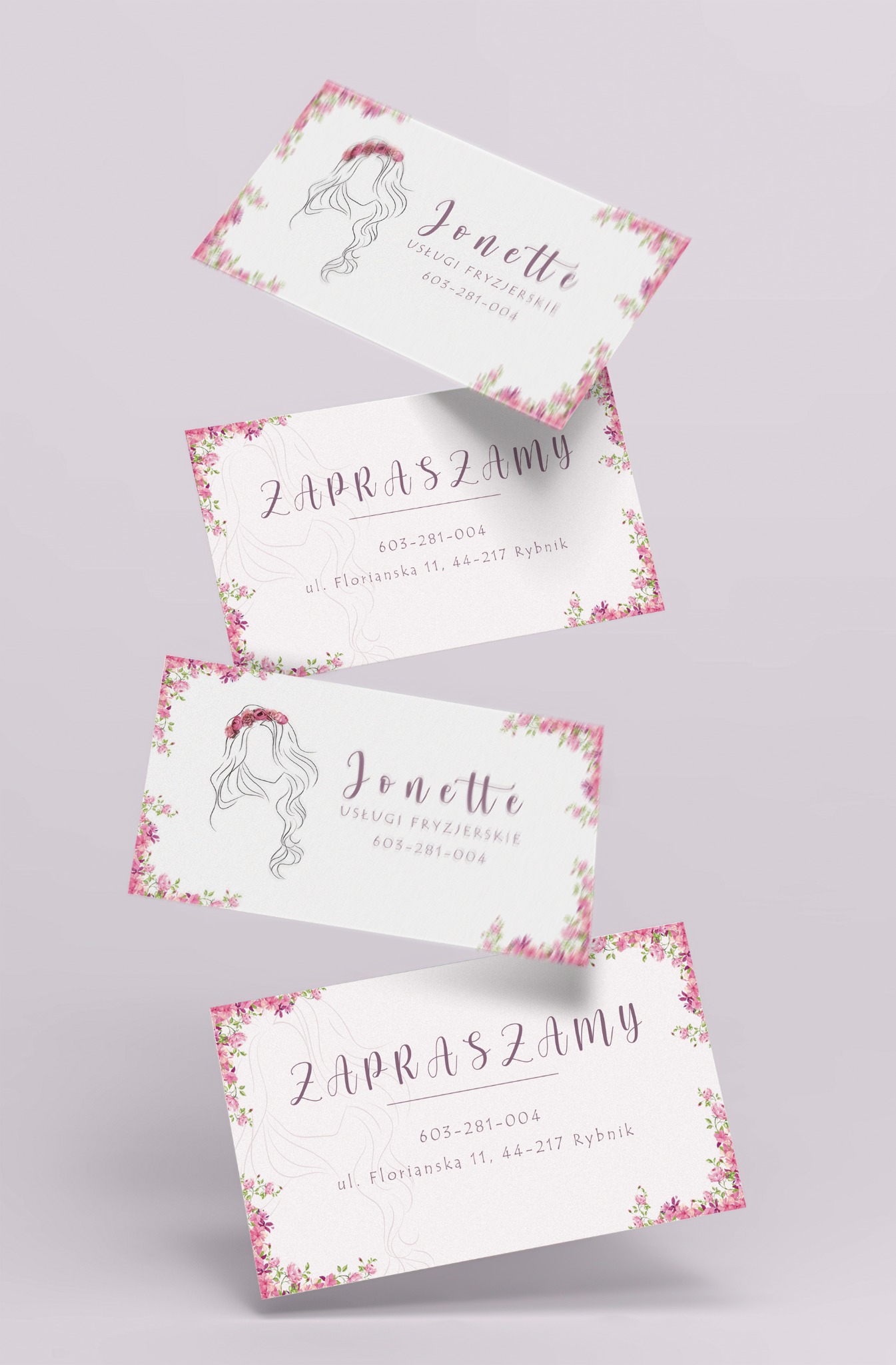Latające wizytówki z motywem kwiatowym i grafiką kobiety z wiankiem na głowie, prezentujące dane kontaktowe salonu fryzjerskiego 'Jonette'.