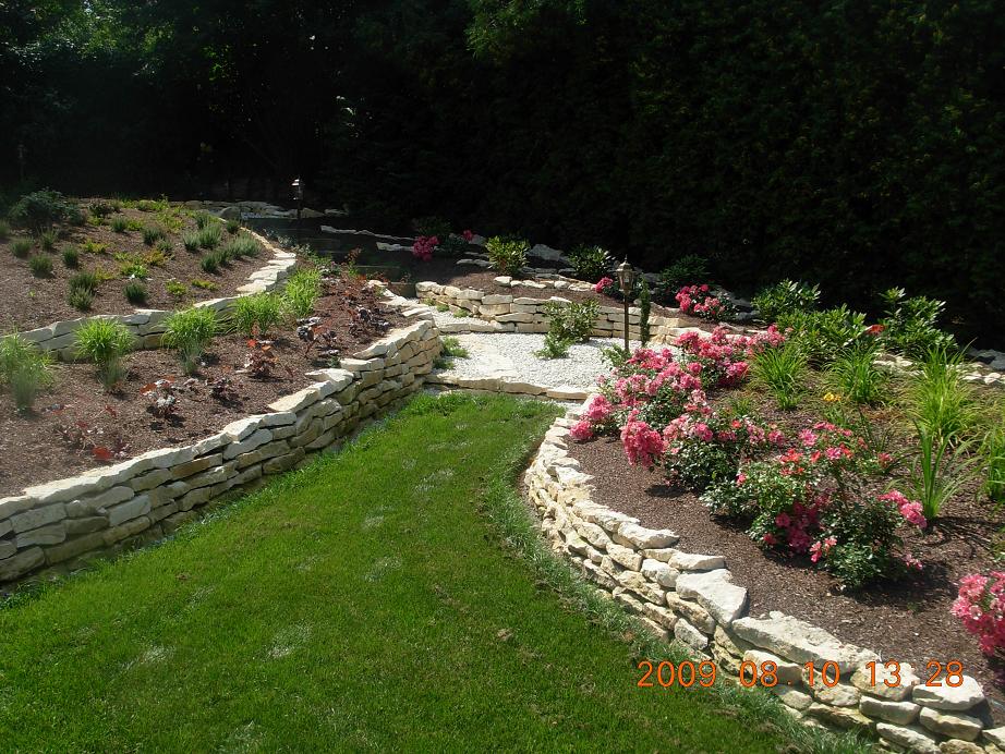 Ogród z tarasowymi rabatami kwiatowymi, wykończonymi jasnym kamieniem, ścieżką z białego żwiru i lampą ogrodową w tle.