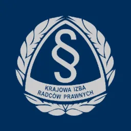 Logo Krajowej Izby Radców Prawnych na granatowym tle, paragraf w centrum kompozycji otoczony wieńcem laurowym.