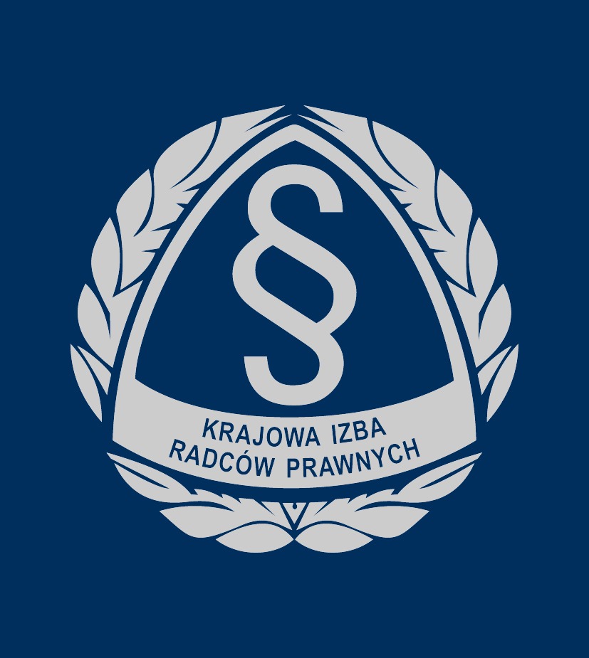 Logo Krajowej Izby Radców Prawnych na granatowym tle, paragraf w centrum kompozycji otoczony wieńcem laurowym.