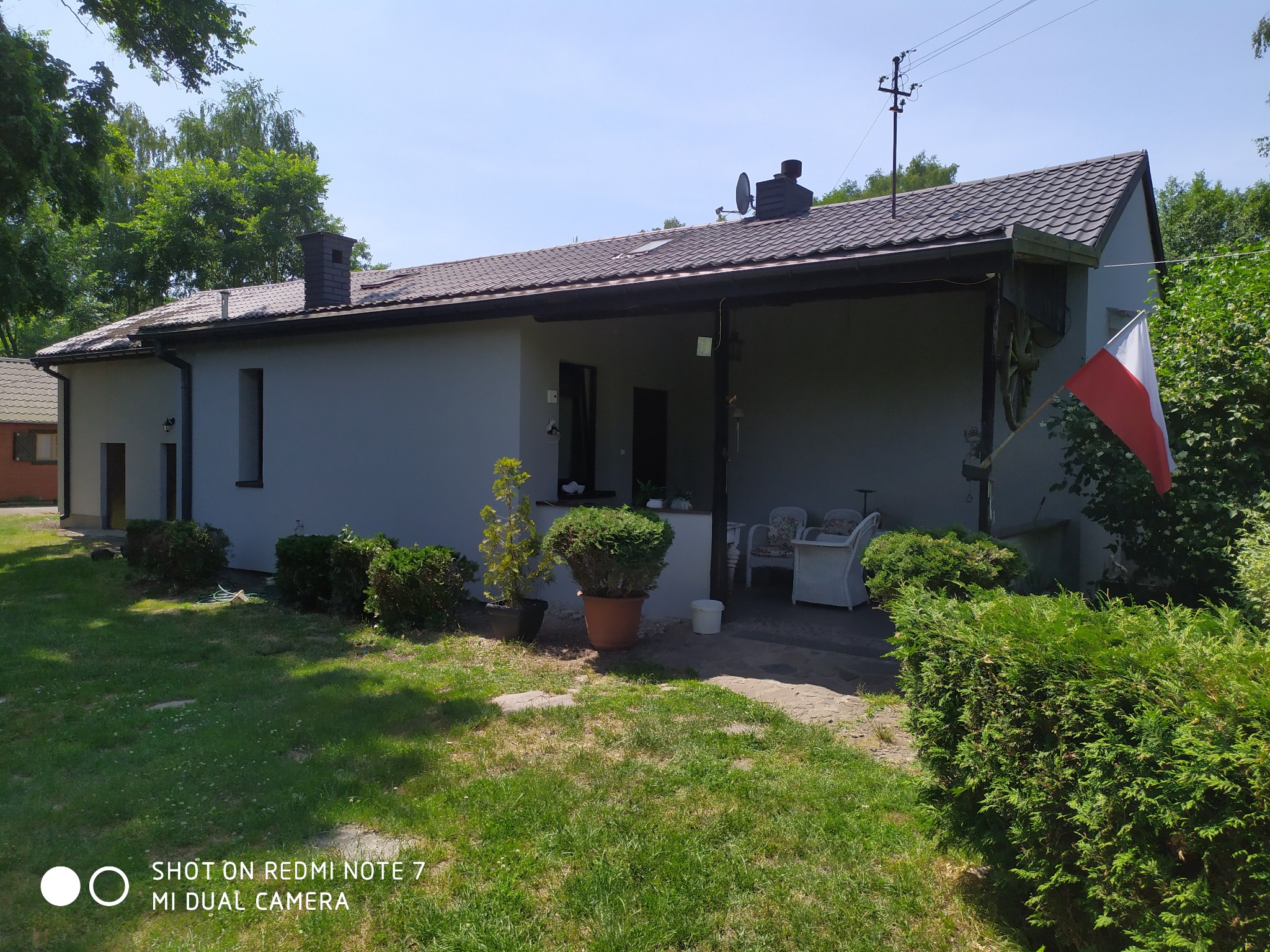 Parterowy dom z szarą elewacją, brązowym dachem i zadaszonym tarasem, otoczony zielenią. Na tarasie widoczne białe rattanowe meble i donice z roślinami. Flaga Polski powiewa na wietrze.