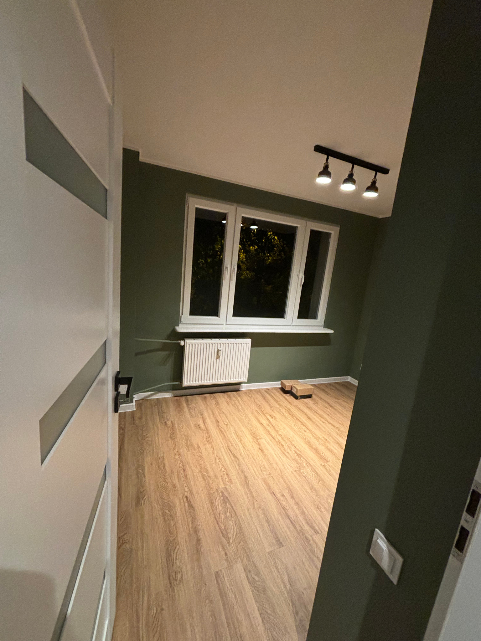 Pomalowane na oliwkowy kolor wnętrze pokoju z drewnianą podłogą, białym grzejnikiem pod oknem i trzema lampami sufitowymi na czarnej listwie, widoczne przez uchylone białe drzwi.